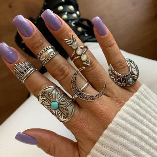 Docona 6pcs Vintage Silver Color Crescent Finger Rings Set for Women Blue Opal Big Moon Crystal Midi Knuckle Rings Boho Jewelry