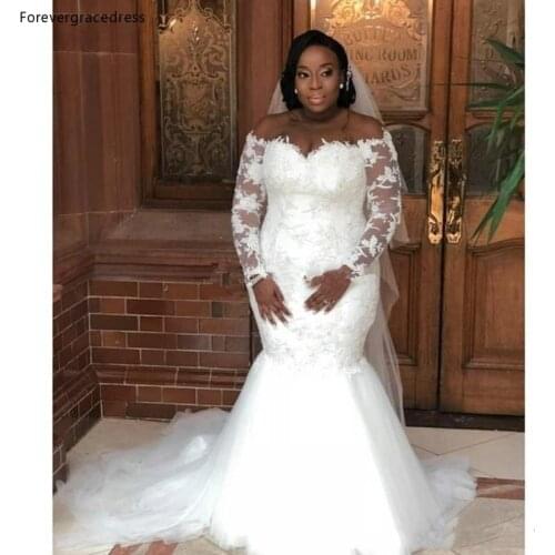 Elegant Lace Off Shoulder Wedding Dresses African Lady Mermaid Long Sleeves Formal Bridal Gowns Custom Made Plus Size Available