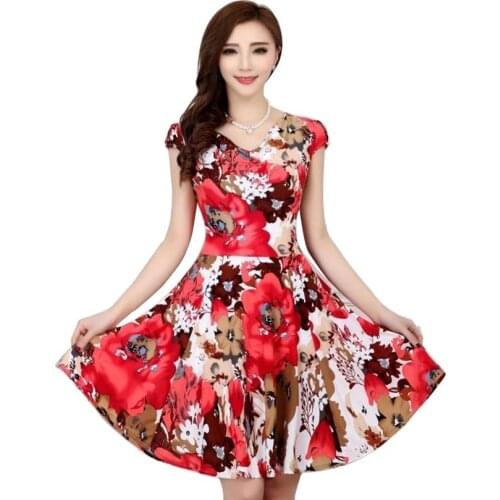 Women Fashion Floral Print Short Sleeve V Neck Slim Casual Sundress Plus Size Beach Dress Bohemian Style Clothes