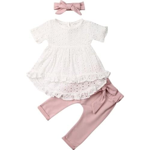 Citgeett Summer 3Pcs Newborn Infant Baby Girl Clothes White Top T-Shirt Dress Bowknote Pants Outfit Set