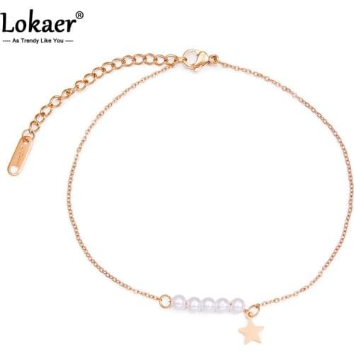 Lokaer Titanium Steel Bohemia Beach Chain Link Anklets For Women Girls Trendy Simulated Pearl Star Charm Anklet Jewelry A19048