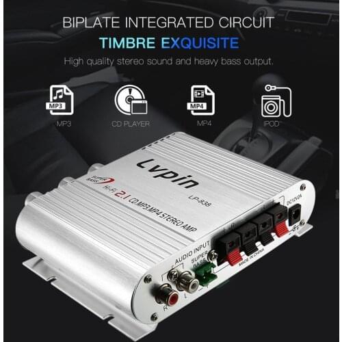 Mini Hi-Fi Stereo Car Amplifier Booster Auto Motor Home Audio Bass Speaker Verstarker Vehicle CD MP3 Radio Sliver No Power Plug
