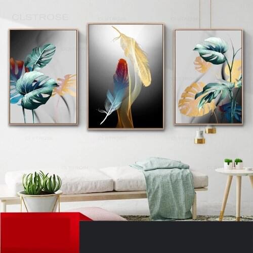 Minimalist Art Green And Abstract Leaf Golden Feather Canvas Painting Wall Art Poster For Room Home Interior Decoration Painting