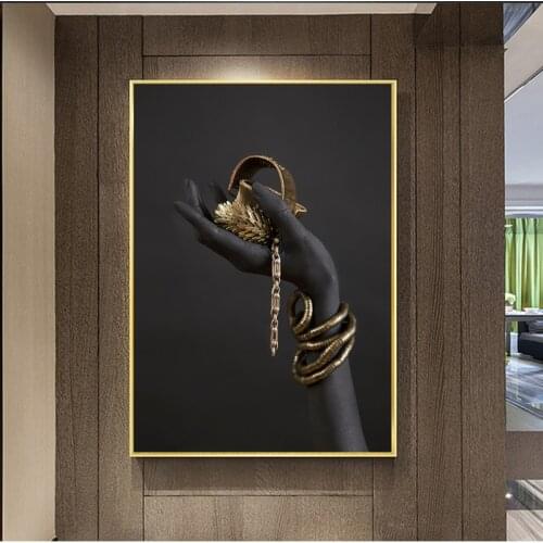 Wall Art Canvas Paintings Black Womans Hand With Gold Jewelry Posters and Prints On The Wall Art Picture Room Home Design