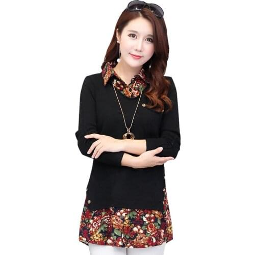 Autumn Korean Fashion Maternity Sweaters Turn Down Collars Patchwork Floral Printed Pullovers Shirt for Pregnant Women