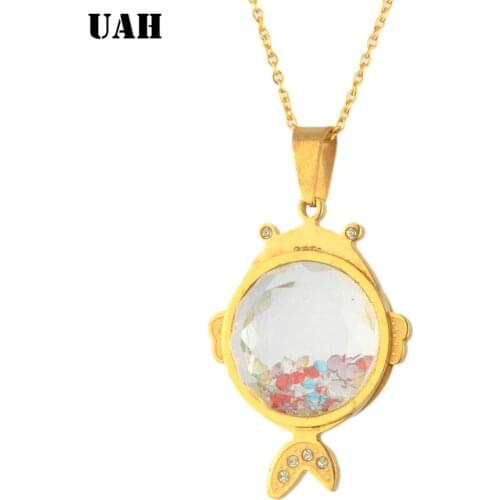 UAH Cute Crystal Stainless Steel Fish Pendants Necklaces Women Men Unisex Fashion Trendy Jewelry Beach Gift