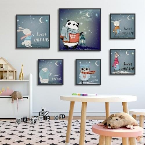 Lovely Cartoon Hanging Wall Art Animals Night Sky Canvas Art Posters And Prints Wall Picture For Living Room Kid Bedroom