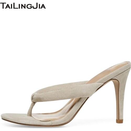 Trendy High Heel Mule Thong Sandals for Womens Black Heeled Flip Flops Beige Stiletto Heels Ladies Summer Shoes Large Size 2019