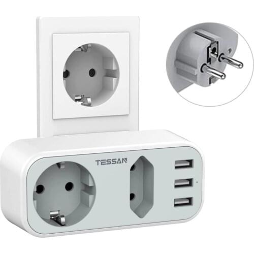 TESSAN European Power Plug with Socket Multi Outlets Extender with 2 Outlets 3 USB Ports 5V/3A EU Plug Power Strip 110~230V