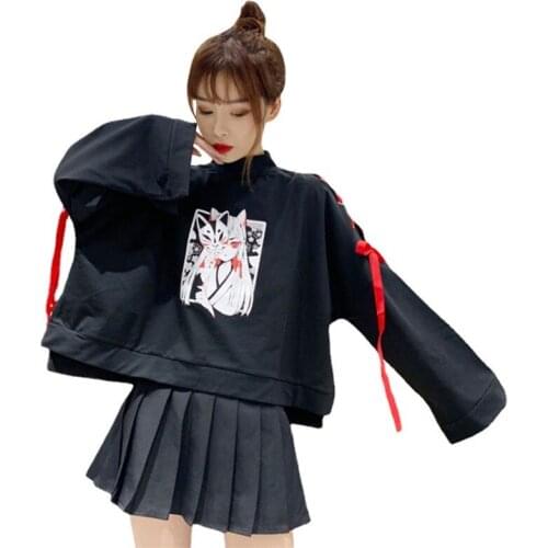 Womens Anime Fox Print Cross Ribbon Womens Lolita Girl T-shirt Harajuku Spring Black Top Skirt