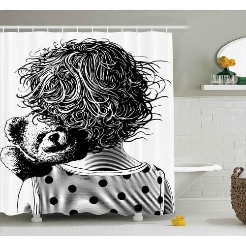 Kids Shower Curtain Little Girl Hugging Teddy Bear Children Love Sketch Grunge Artsy Illustration Waterproof Curtains Home Decor