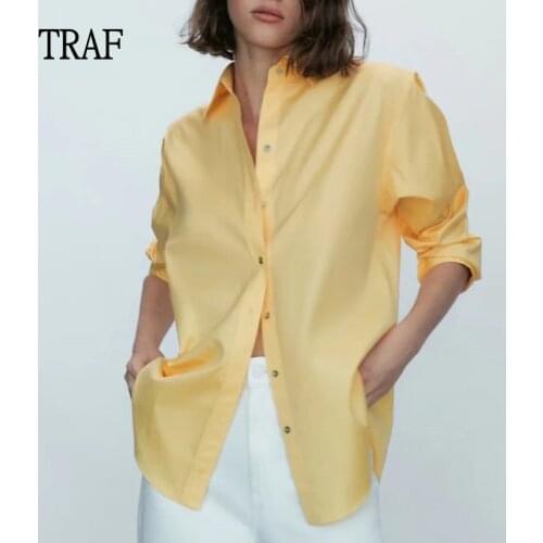 TRAF Za 2021 Top Woman Yellow Button Up Shirt Women Long Sleeve Top Autumn Office Oversize Shirt Female Loose Chic Green Shirt