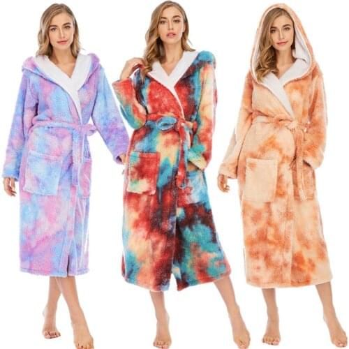 Winter Tie Dye Hooded Thick Long Sleepwear Coral Fleece Women Robes Bathrobe Woman Clothes Nightgown Cardigan Pajamas Ladies