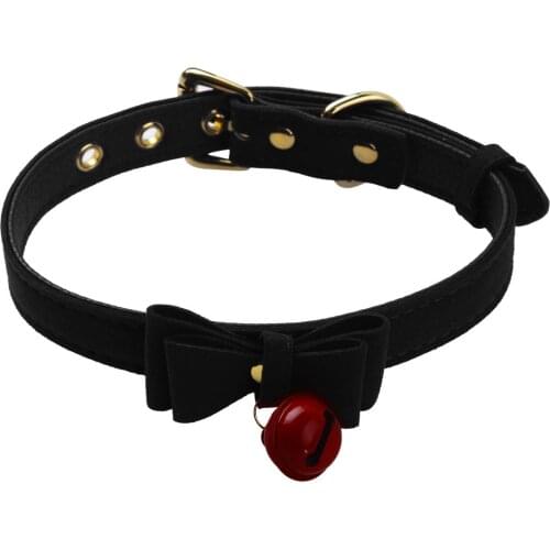 Women Girls Fashion Bondage PU Leather Adjustable Bow Tie Neck Choker Collar Necklace with Bell Adult Sex Products