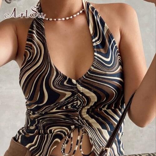 ArtSu Brown Halter Camis Women Crop Top Y2K 2021 Summer Printed Drawstring Ruched Corset Tops V Neck Sleeveless Vests VE52756