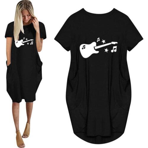 New Summer Guitar Music Printed Women Casual Loose Dress With Pocket Ladies Fashion O Neck Long Tops Female T Shirt Dress