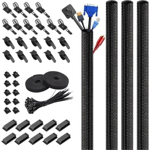 146Pcs Cable Management Cord Organizer Kit, Cable Sleeve Adhesive Cable Clips Cable Zip Ties Self Adhesive Tie