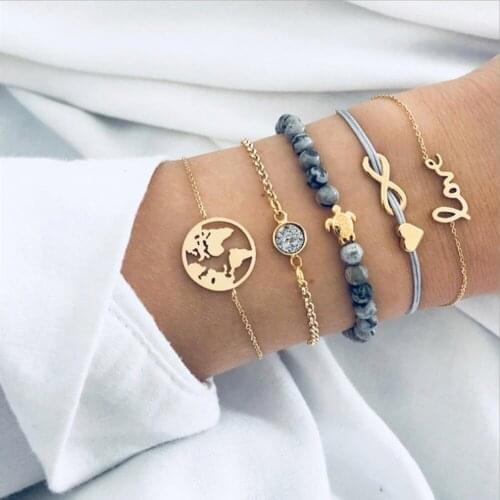 5Pcs/Set Fashion Hand Woven Beaded Bracelets for Women Love Letter World Map Turtle Crystal Pendant Chain Charm Bracelet