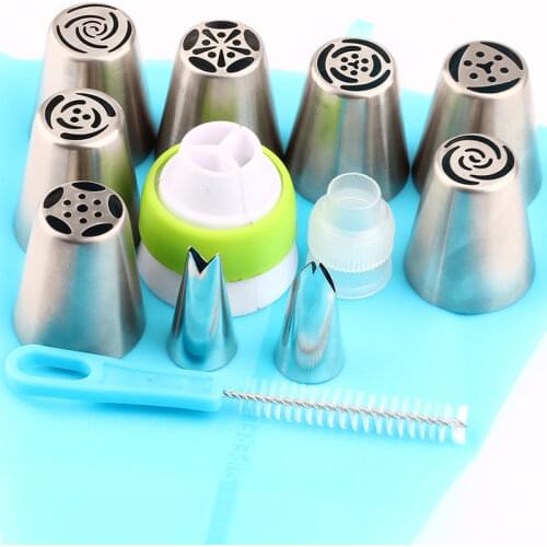 9Pcs Russian Nozzles Icing Rose Piping Stainless Steel Tips Pastry And 1 Brush 1 Pastry Bag 2Pcs Coupler Sets Cake Decorating