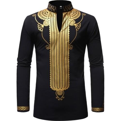 African Shirt Men Summer New Long Sleeve Shirt Africa Turquoise Gold Printed Collar Shirt Dashiki Succunct Hippie