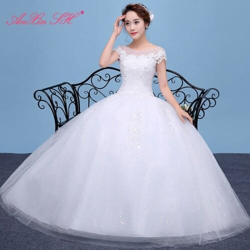 AXJFU princess flower lace wedding dress party vintage o neck beading crystal ball gown illusion white bride wedding dress