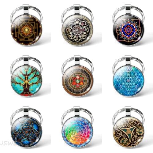 Sri Yantra Mandala Pattern Keychain Glass Pendant Buddhist Sacred Geometry Keyring Spiritual Jewelry Mandala Flower Dropshipping