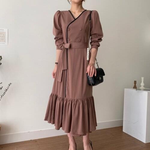 Korean Chic Retro Simple Contrast Color V Neck Lightly Mature Elegant Pleated Stitching Long Sleeve Waist Controlled Lace Up
