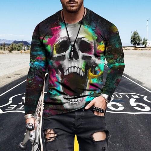 Fashion Casual Comfortable Fall New Mens Street Skull 3D Printed Slothing Plus Comfortable Size Round-Necked Long-Sleeved