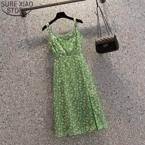 New Summer Dress Elegant French Style Split Daisy Print Women Dress Sleeveless A-line Camisole Dresses Vestido Feminino 15103