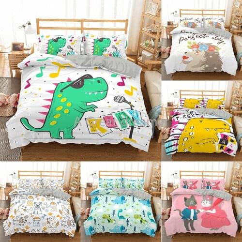 Cartoon Dinosaur Bedding Set Polyester Adult/kids Gift Duvet Cover White Quilt Cover Pillowcase Cute Bed Linen Set Dropshippinng