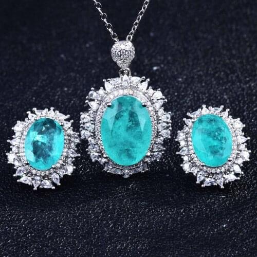 Luxury Vintage Silver Jewelry Inlay Oval Paraiba Tourmaline Delicate Necklace Earrings For Women Wedding Party Anniversary Gift