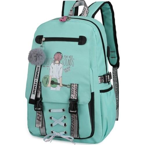 Teen Girl Backpack for School Bags Large Usb with Lock Anti Theft Back Pack Women Bagpack Green Nylon Printing Big Backbag New