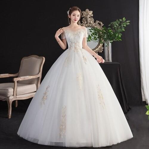 Vestido De Noiva 2020 Simple Boat Neck Wedding Dress Lace-up Ball Gown Lace Embroidery Floor Length Princess Bride Dress Mariage