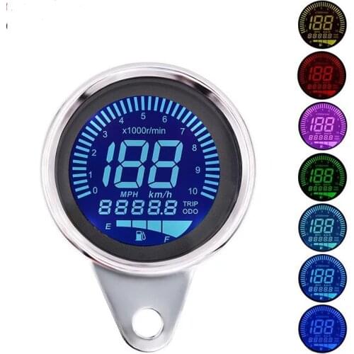 Universal Chrome Motorbike Instrument 7 color Display Oil Level Meter LCD Gauge Tachometer Motorcycle Digital Speedometer