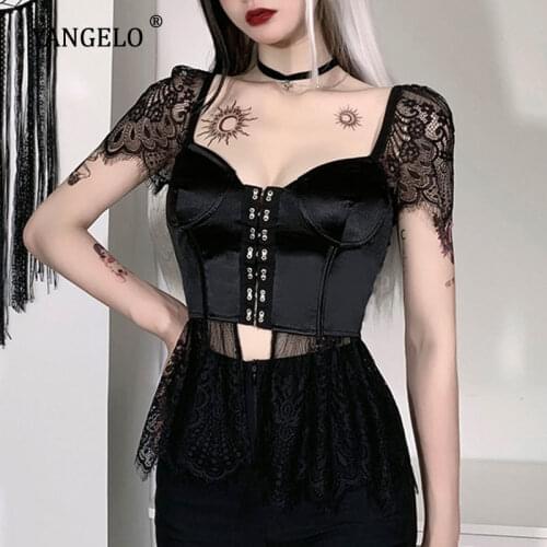 Vintage Lace Black T Shirt Dark Gothic Sexy Corset Tops Aesthetic Cut Out Short Sleeve Backless Women Summer T-shirts