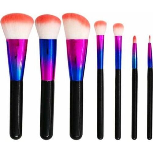 High quality colorful soft synthetic hair black wooden handle blush 7pcs make up brush set in powder