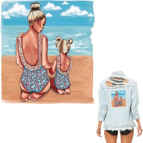 Iron On Sticker New Design Thermal Transfer T-Shirt Dresses Hot Tear Diy Iron On Patch Mom With Her Girl On The Beach