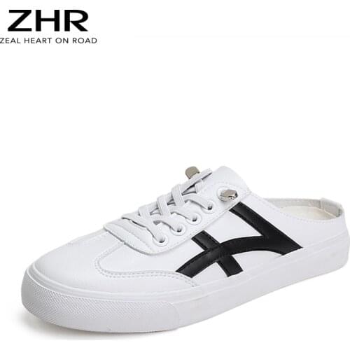 ZHR 2020 White Women Sneakers Flats Mules Slippers Lace Up Zapatos De Mujer Women Casual Shoe Vulcanized Shoes