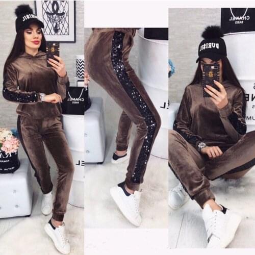 Sequined Side Patchwork Velvet Tracksuit Women Two Piece Set Autumn Clothes Hooded Sweatshirt Top and Pants Velour Suits Outfits