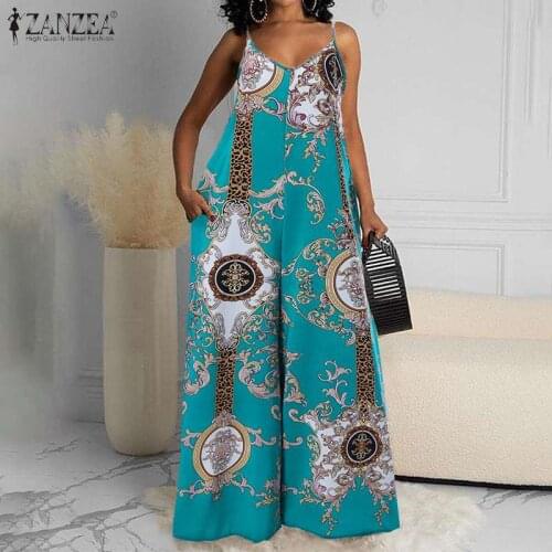 2021 Summer Bohemian Playsuits Womens Wide Leg Overalls ZANZEA Floral Print Jumpsuits Holiday Beach Casual Sleeveless Romper