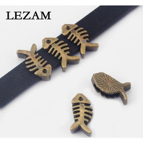 10pcs Antique Bronze Fishbone Bead Slider Spacers Zinc Alloy For 10mm Flat Leather Cord