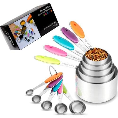 Stainless Steel Silicone Handle Measuring Cup and Measuring Spoon Set of 10 Baking Tools Measuring Cup and Measuring Spoon