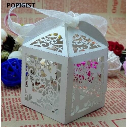 200pcs Butterfly and Flower Laser Cut wedding party favor box in pearlescent Candy Box with Ribbon