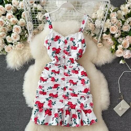 2021 Summer French Small V-neck Rose Print Pleated Slim Slimming Ruffled Hip Fishtail Dress