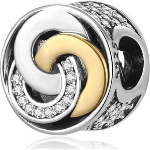 Authentic S925 Bead DIY Jewelry Interlinked Circles Charms fit Lady Bracelet Bangle Gift Clear CZ