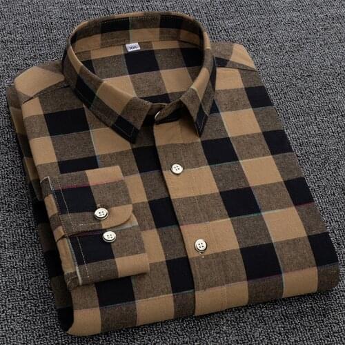 Men Long Sleeve Khaki Plaid Shirt Spring New Casual Slim Plaid Men Shirt Korean Pure Cotton Big Size Japanese Men Shirt M-5Xl