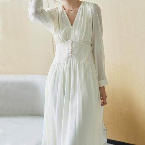 Flectit Flowy Chiffon Dress Long Sleeve Empire Waist With Buttons Pleated Maxi Dress Womens Elegant Dress Feminine Romantic