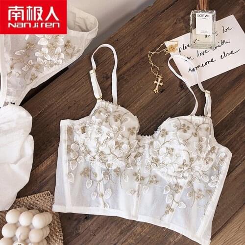 NANJIREN French white floral embroidery romantic thin cup with pad women sexy push up underwear bra sets adjustable lingerie