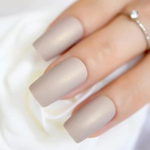 Matte False Nails Soft Light Brown Long Flat Shape Shimmer Glint Glitter Frosted Fake Nails DIY Nail Art Tips Decor Manicure