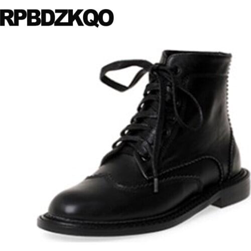 Fur Luxury Booties Genuine Leather Shoes Combat Front Lace Up Casual Ankle Boots Autumn Winter Black Military Women Round Toe